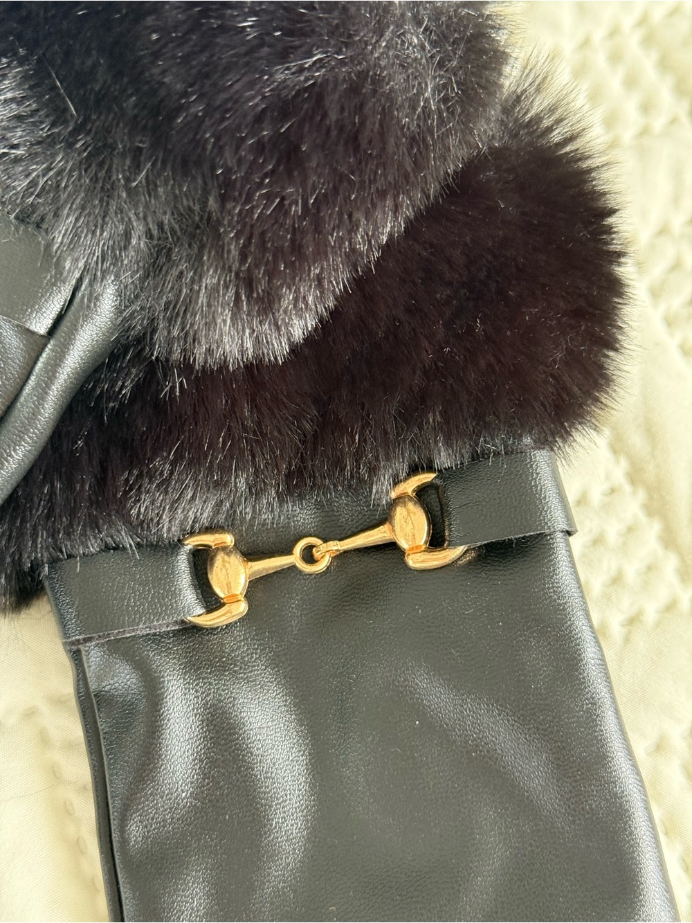 Vince Camuto Black Leather Gloves with Faux Fur Cuff and Gold Accent - Picture 2 of 6